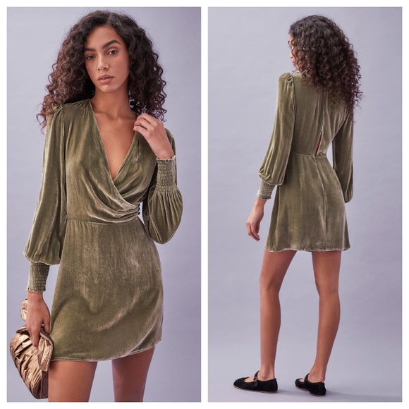 Reformation | Gem Velvet Faux Wrap Dress | Artichoke | 6 - Picture 1 of 15